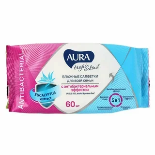Влажные салфетки AURA Tropic Cocktail с антибактериальным эффектом 60 шт